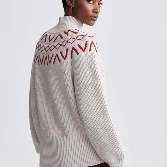 white turtleneck jumper with red fairisle print rear view 