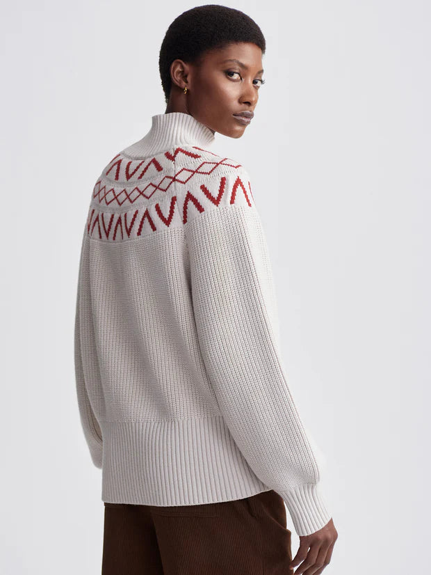 white turtleneck jumper with red fairisle print rear view 