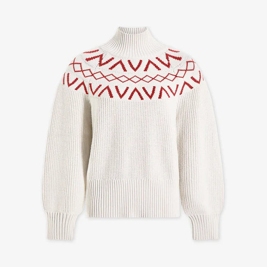 white turtleneck jumper with red fairisle print