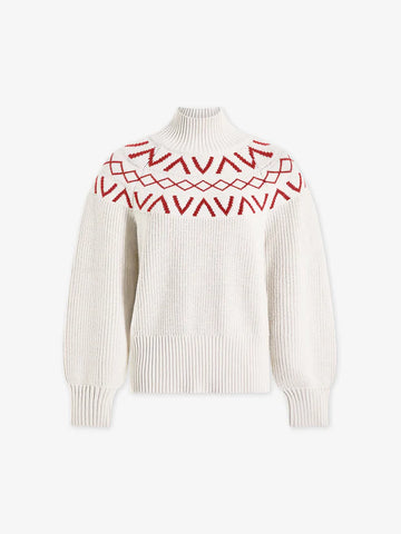 white turtleneck jumper with red fairisle print