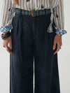Navy wide leg linen trousers with pleated front zip fly and button fastening