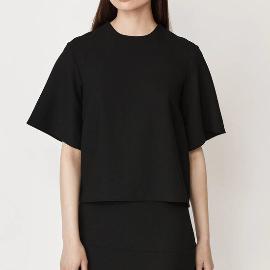 Black short fluted sleeved shell top with back zip fastening