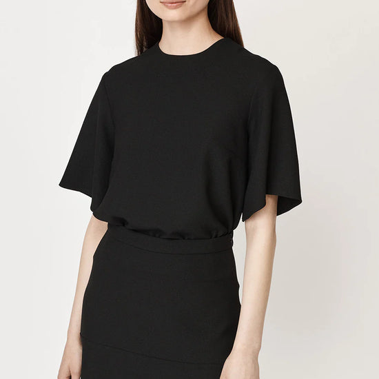 Black short fluted sleeved shell top with back zip fastening