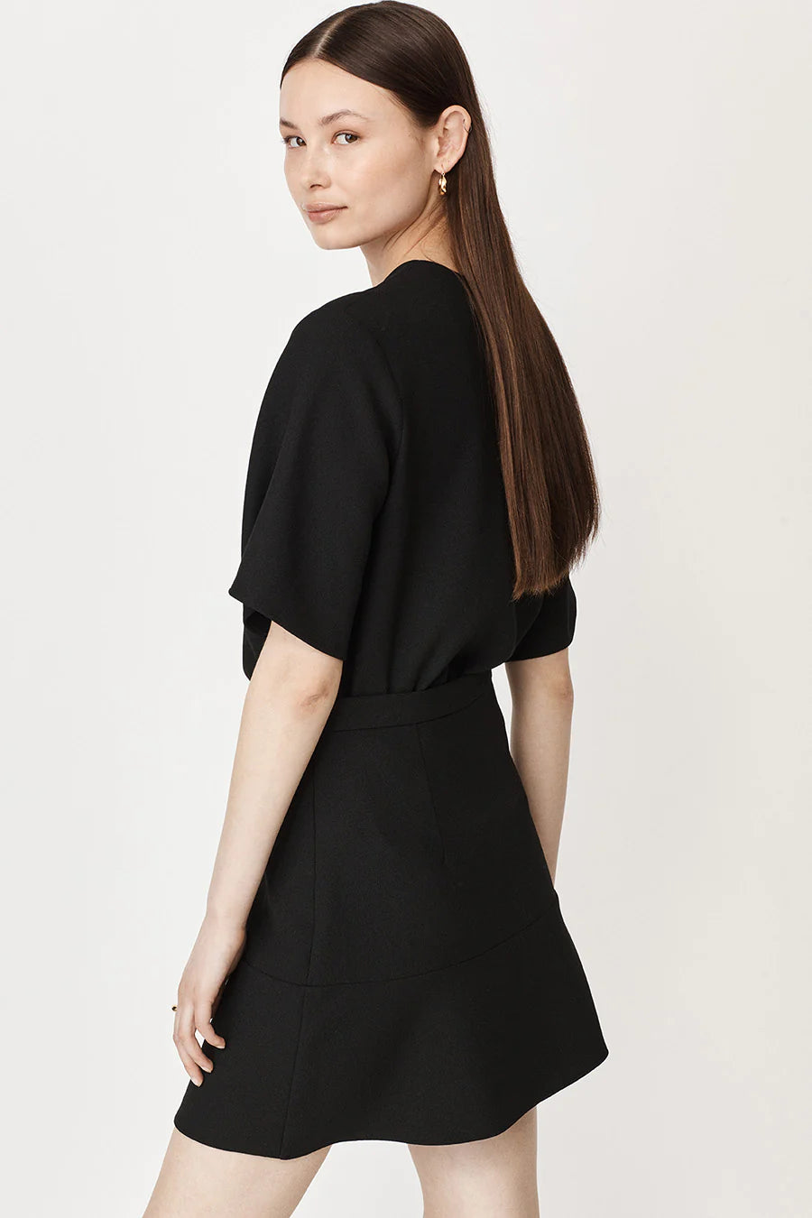 Black short fluted sleeved shell top with back zip fastening