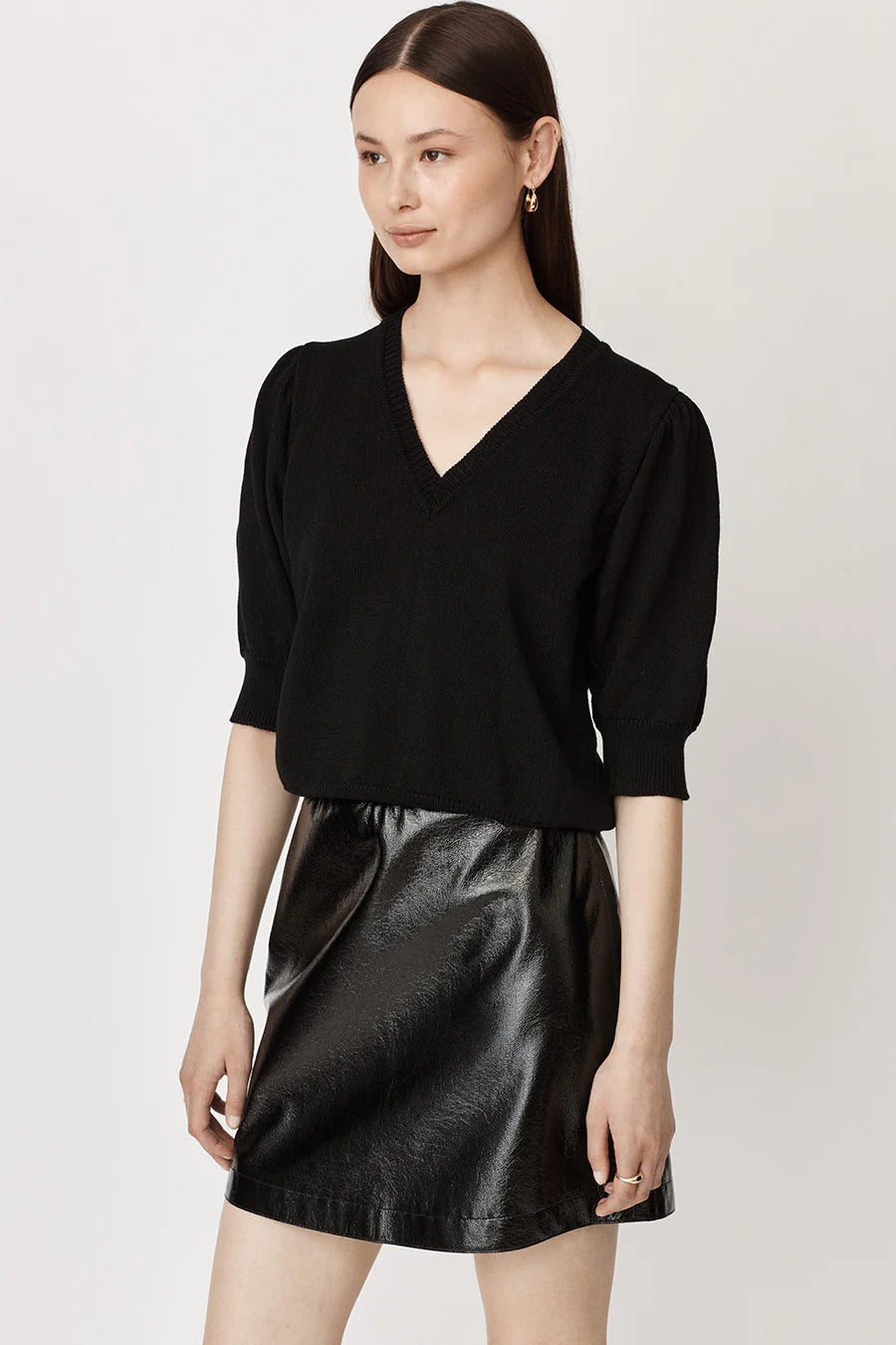 Shiny black PU A line mini skirt