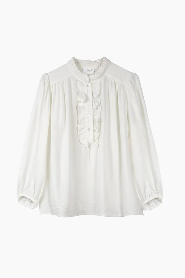 high neck white blouse with half placket and ruffle details with gathering from shoulders and yokes with bracelet length sleeves