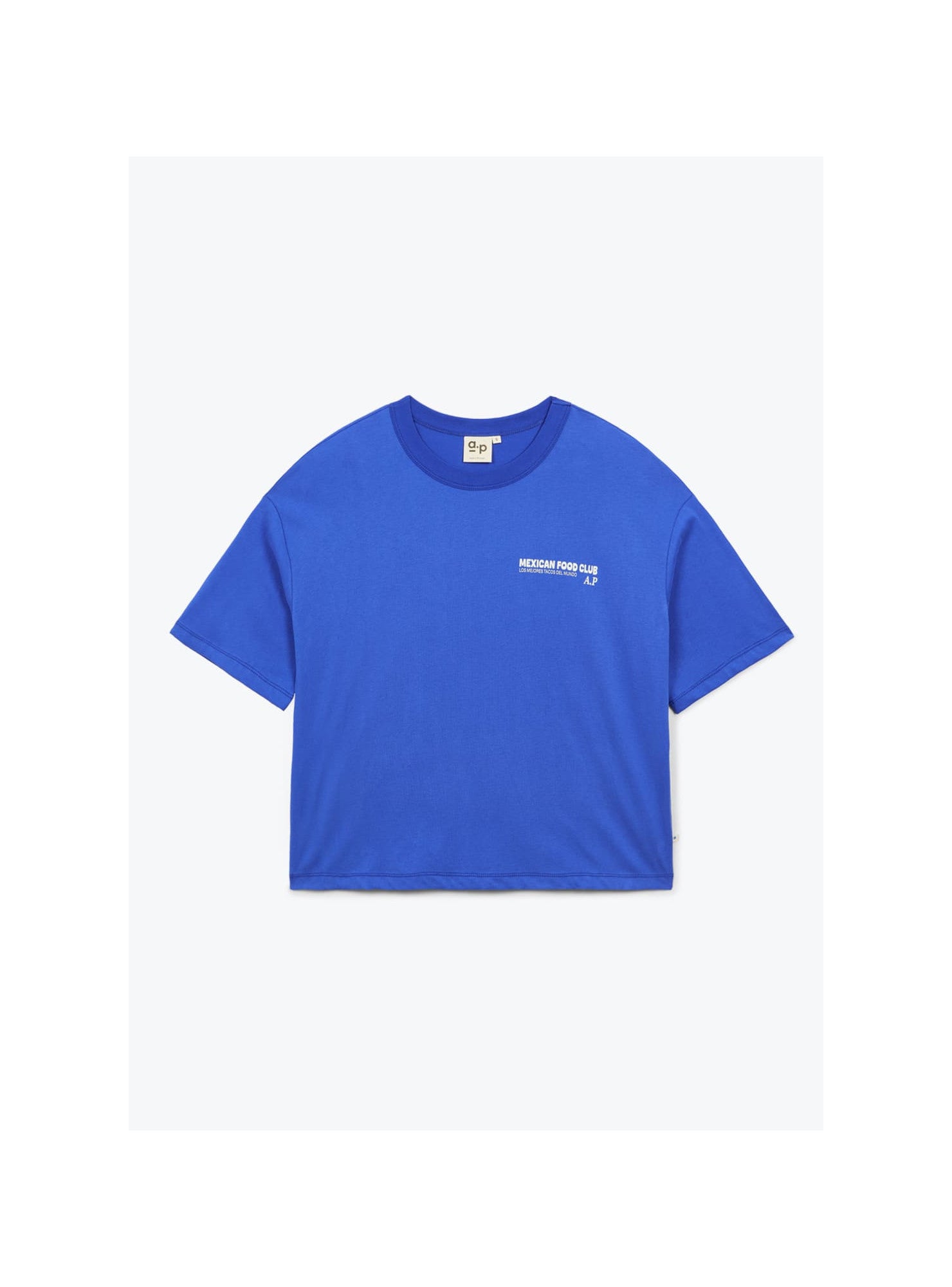 Blue t-shirt with a small white logo on a white background