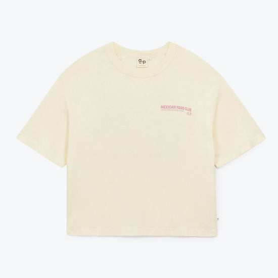 Beige t-shirt with a small logo on a white background