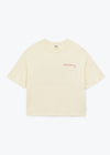 Beige t-shirt with a small logo on a white background
