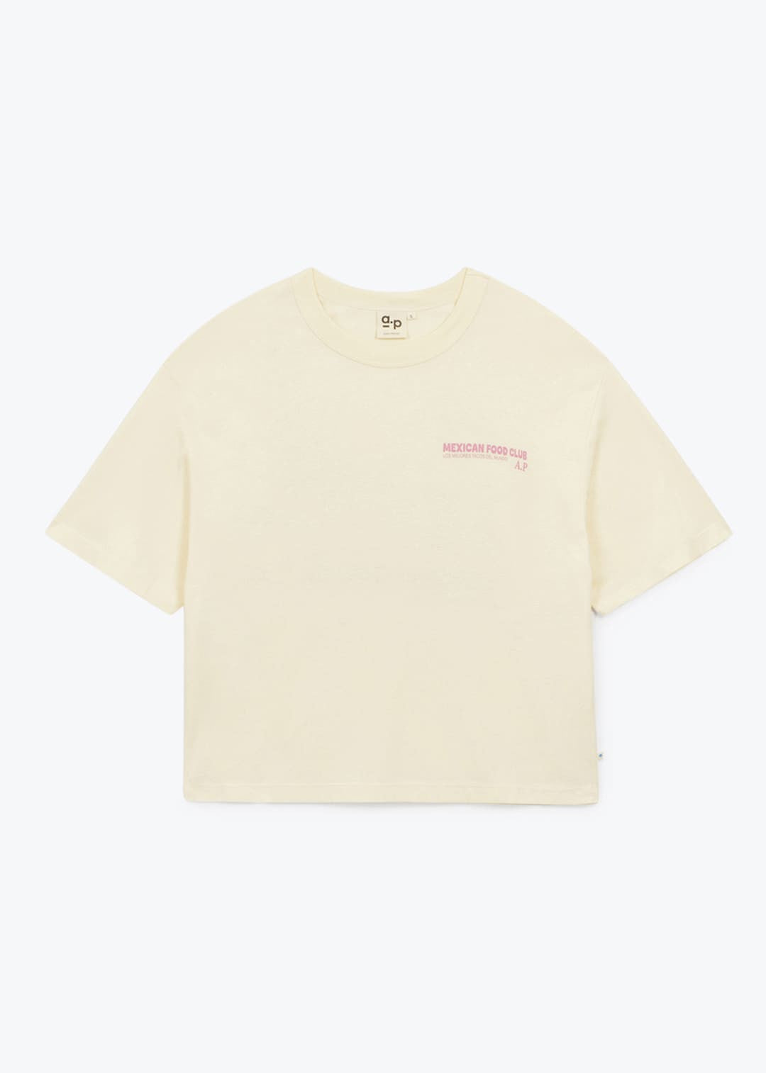 Beige t-shirt with a small logo on a white background