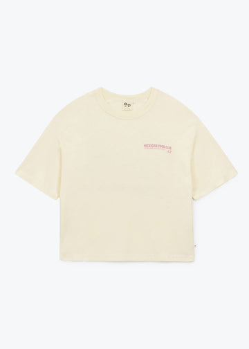 Beige t-shirt with a small logo on a white background
