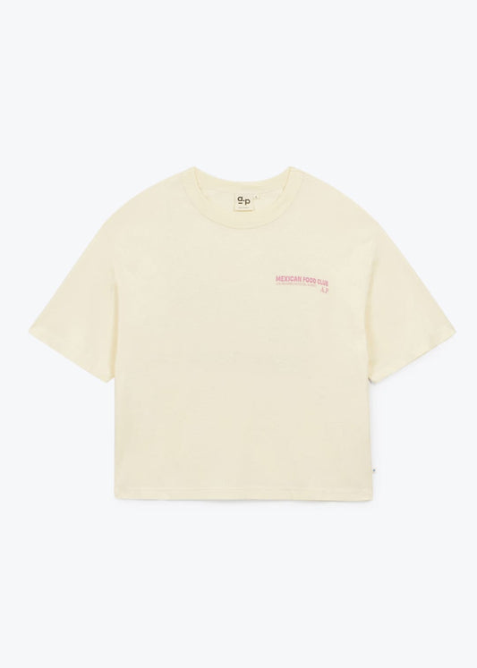 Beige t-shirt with a small logo on a white background