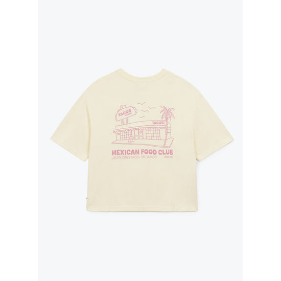 Beige t-shirt with graphic design and text on a white background