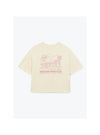 Beige t-shirt with graphic design and text on a white background