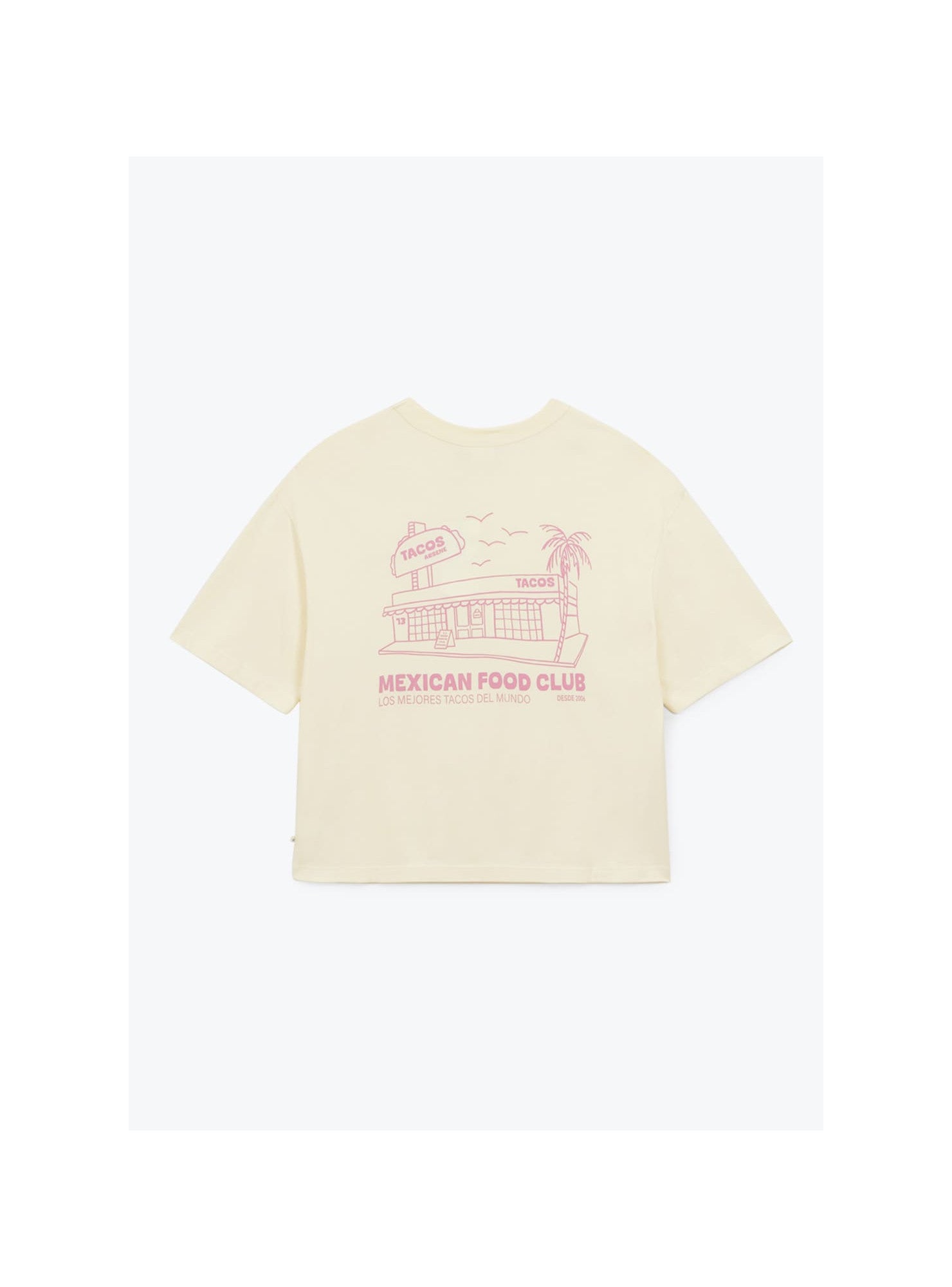 Beige t-shirt with graphic design and text on a white background