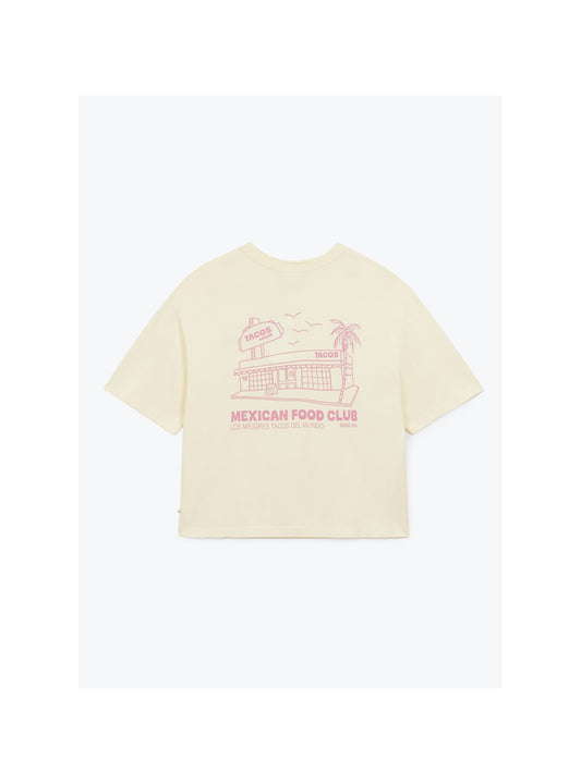 Beige t-shirt with graphic design and text on a white background