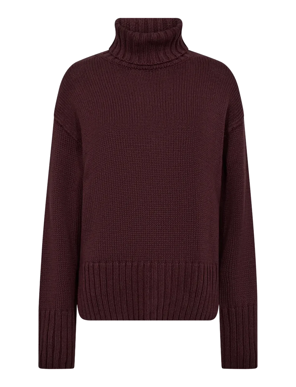 deep bordeaux burgundy roll neck jumper with rib detailing from mos mosh
