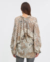 silk blouse with irregular polka dot print with raglan sleeves, v neck and elasticated cuffs rear view 