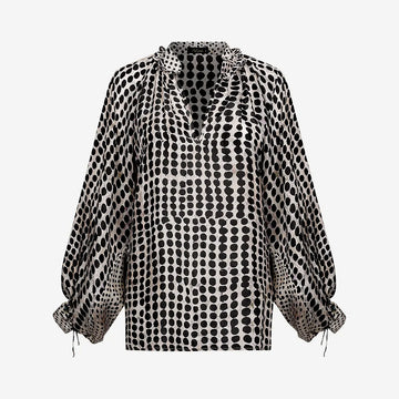 silk blouse with black polka dot print, raglan sleeves with elasticated cuffs and v neck