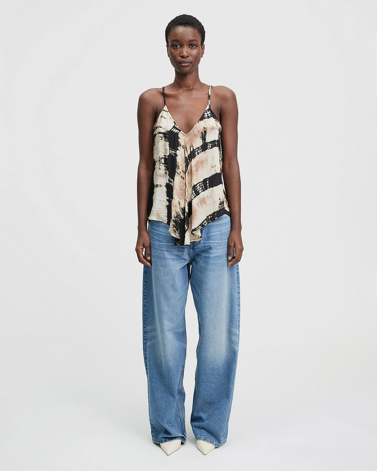 Camisole top with adjustable straps in jacquard viscose with a tie dye effect