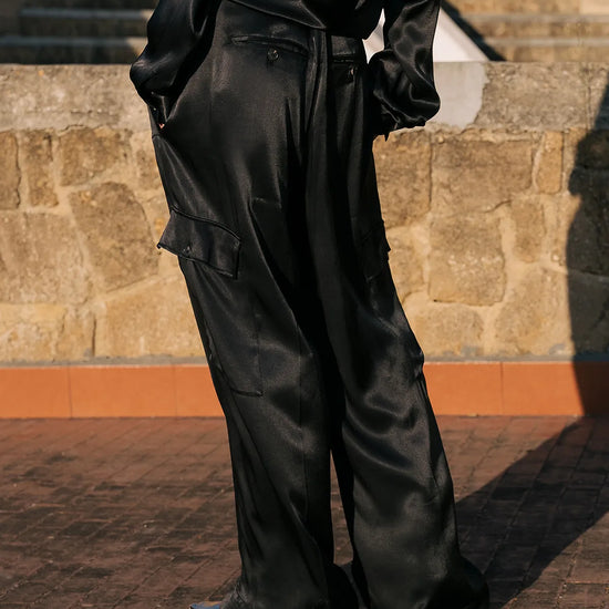 Black satin cargo trousers