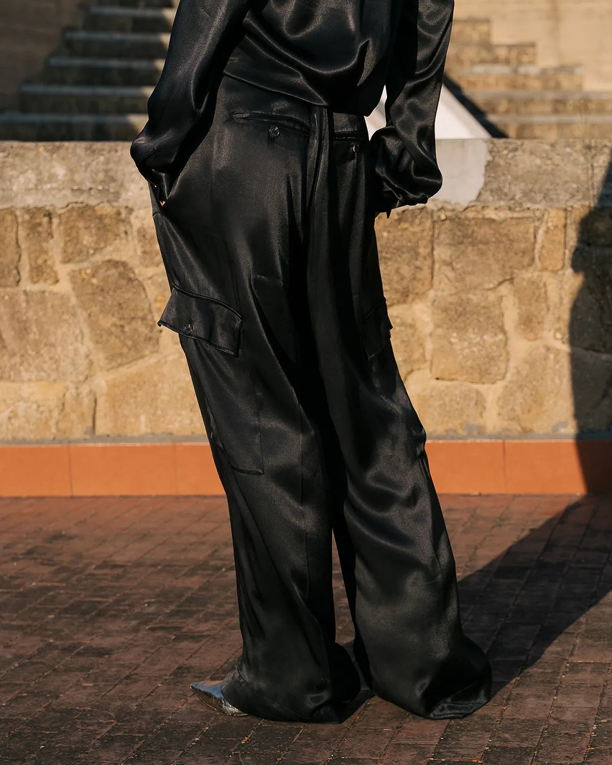 Black satin cargo trousers