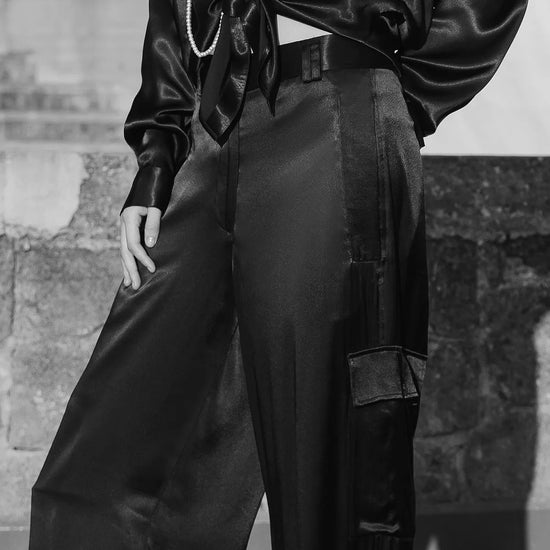 Black satin cargo trousers