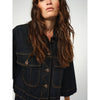 dark blue boxy denim jacket with 2 large buttoned pockets  model shot