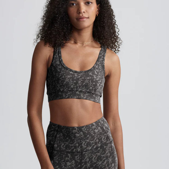 grey printed sports bra model shot