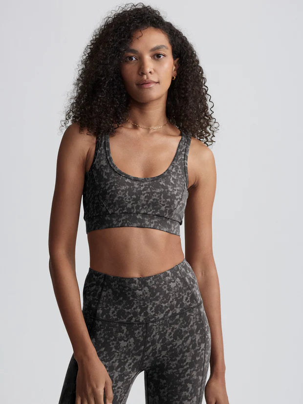 grey printed sports bra model shot