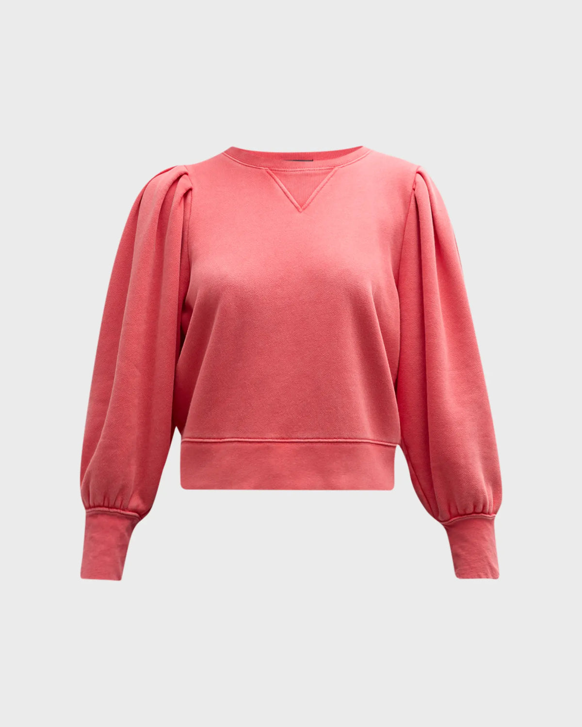 Coral sweatshirt with long volumous sleeves and pleated arms at the shoulders with ribbed cuffs and hem and crew neck 