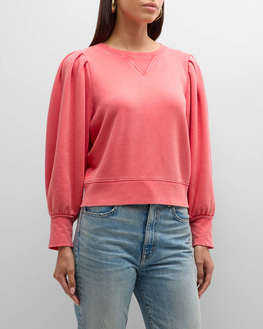 Coral sweatshirt with long volumous sleeves and pleated arms at the shoulders with ribbed cuffs and hem and crew neck