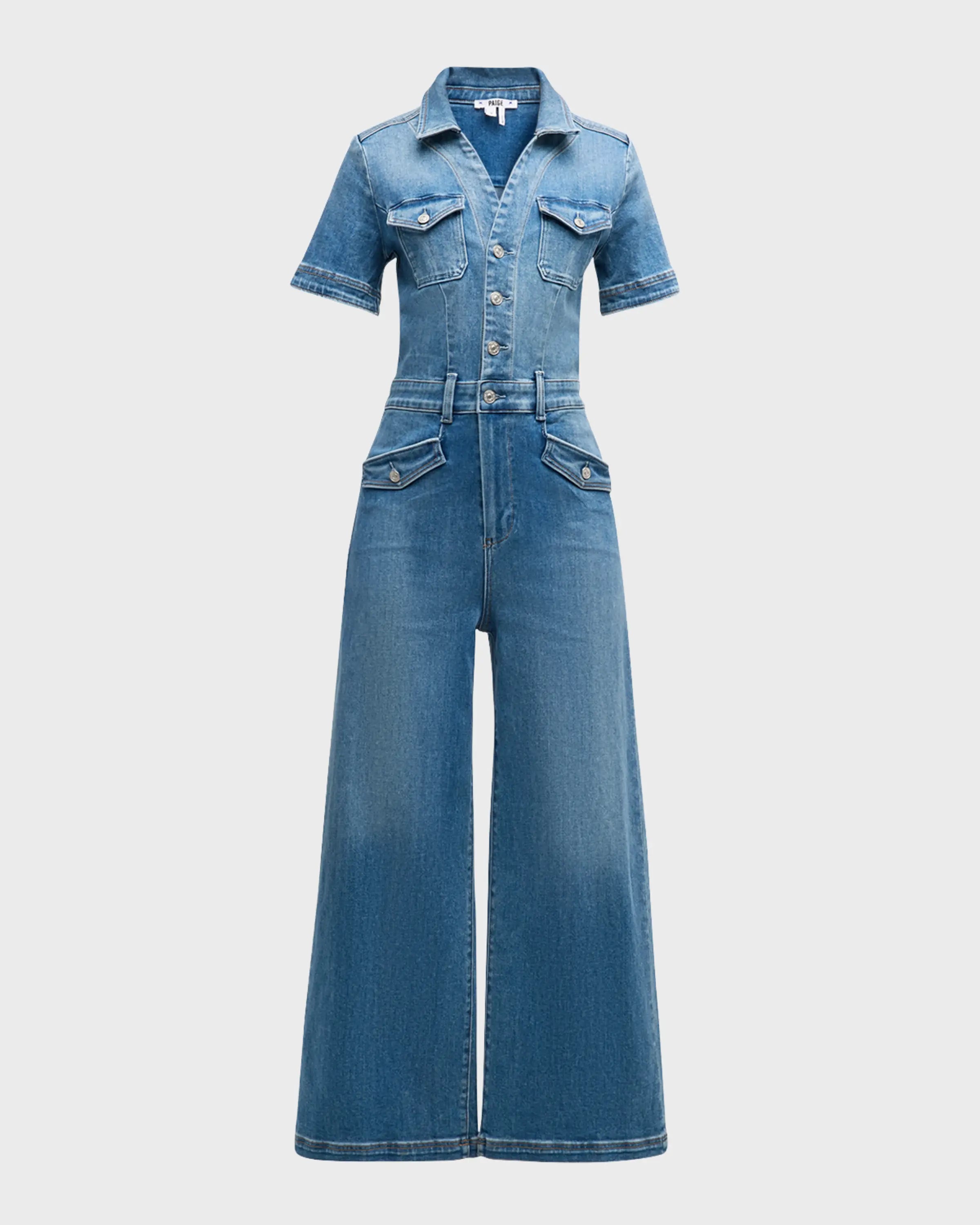 Wide crop leg denim jumpsuit with short sleeves