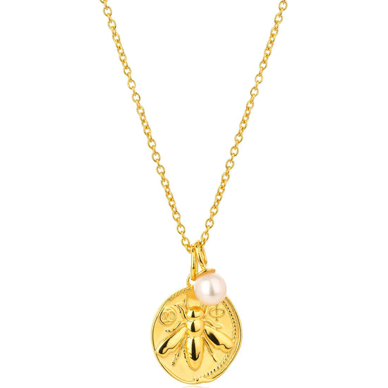 Gold bee coin pendant necklace with small rice pearl on gold chain