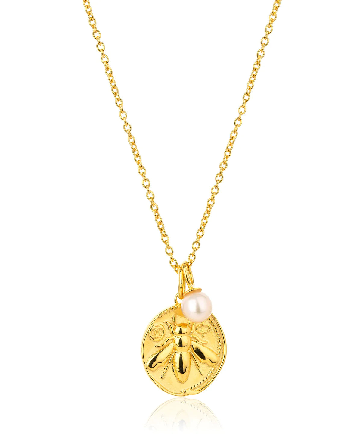 Gold bee coin pendant necklace with small rice pearl on gold chain