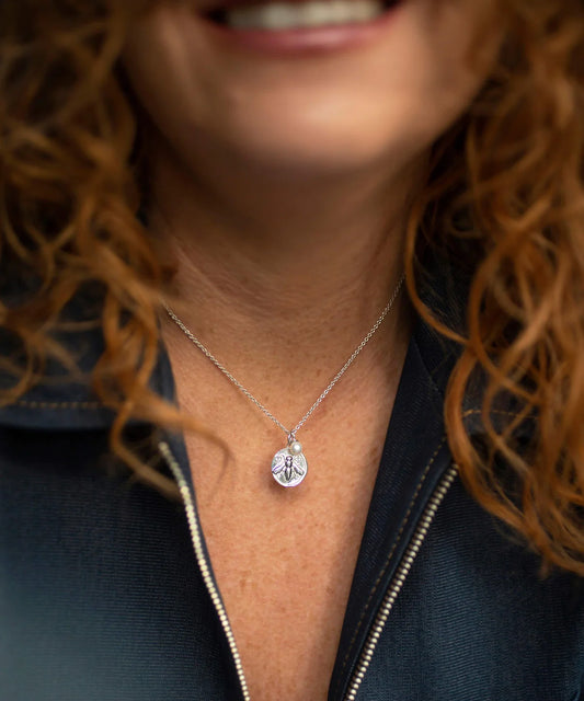 Silver bee coin pendant necklace with small rice pearl on silver chain