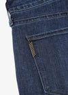 blue slim straight mens jeans  close up of rear 