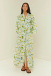 Pale blue dress with white Hydrangea print in a maxi length with long sleeves model shot