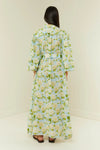 Pale blue dress with white Hydrangea print in a maxi length with long sleeves rear view