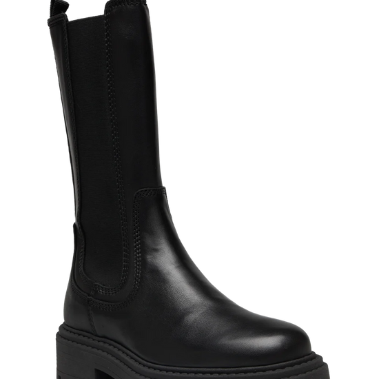 side view of black long chelsea boots