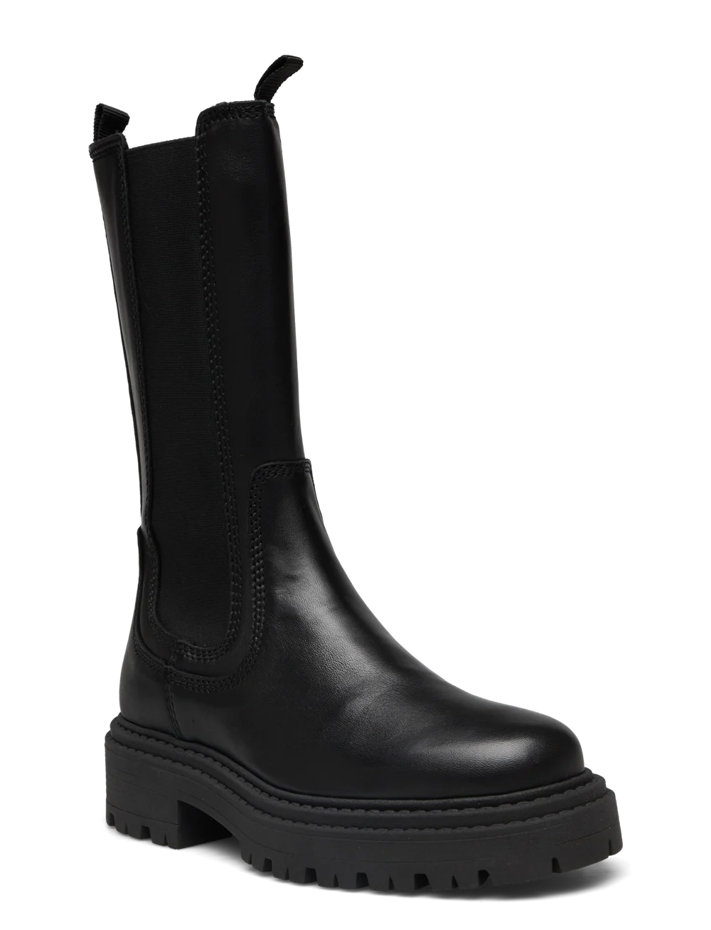 side view of black long chelsea boots