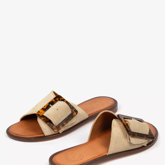 Camel coloursuede sliders with buckle detail from Penenope Chilvers