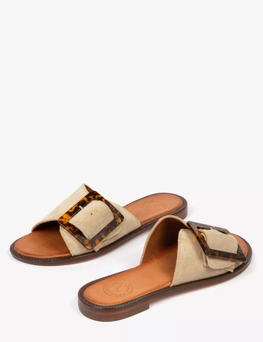 Camel coloursuede sliders with buckle detail from Penenope Chilvers