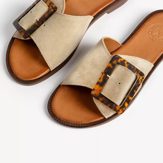 Camel suede sliders with buckle detail