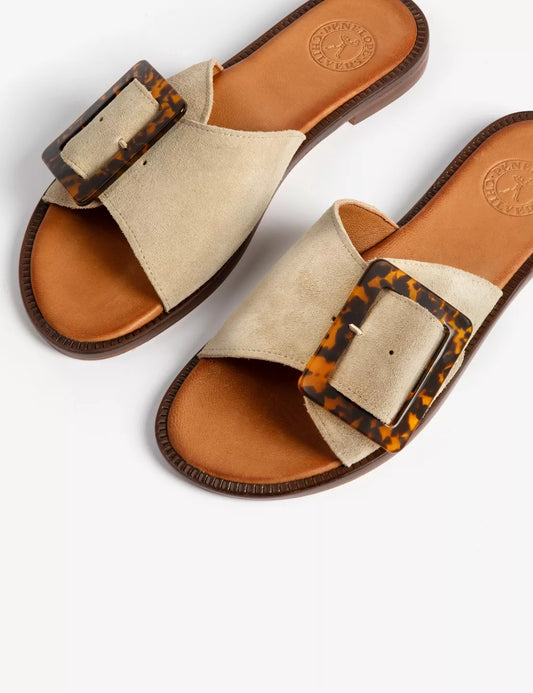 Camel suede sliders with buckle detail