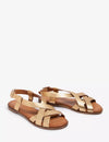 Pair of gold sandals on a white background