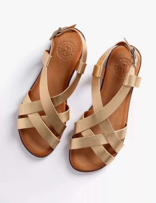 Pair of gold sandals on a white background