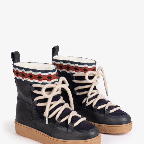 two blue short boot with thick soles and cream laces