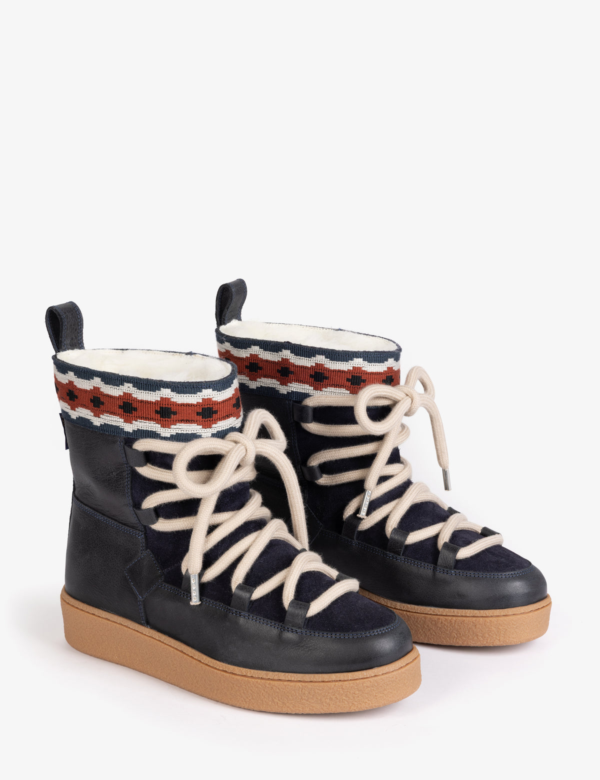 two blue short boot with thick soles and cream laces