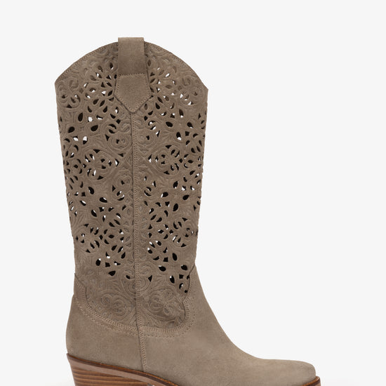 Suede western style boot with lace cutwork through the shaft from Penelope Chilvers